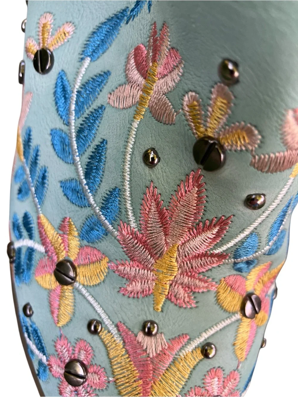 Embroidered Floral Western Mule Heels Aqua Boho Festival Sz 7 - Picture 2 of 6